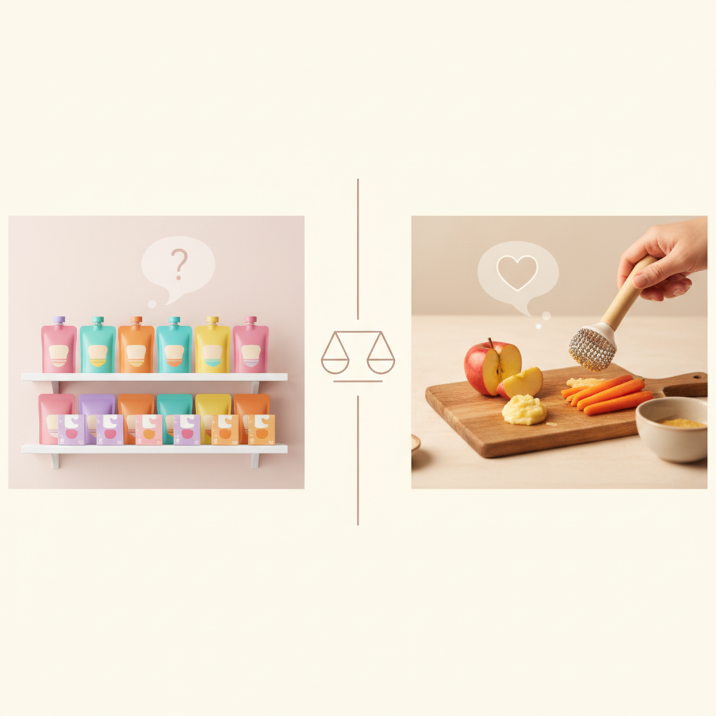 a split image showing packaged baby snacks on one side and fresh ingredients on the other
