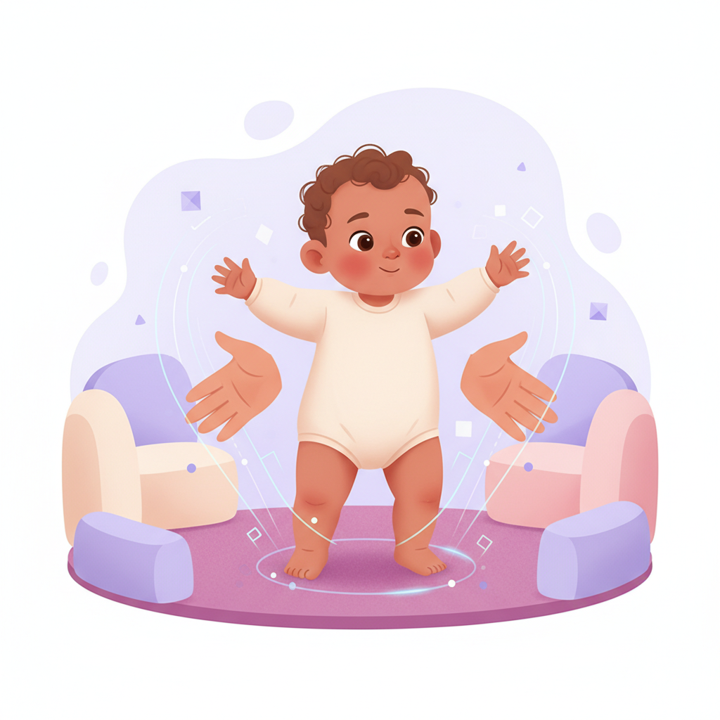 A baby cruising along a child-proofed living room wall, holding onto furniture, with soft mats on the floor and outlet covers.