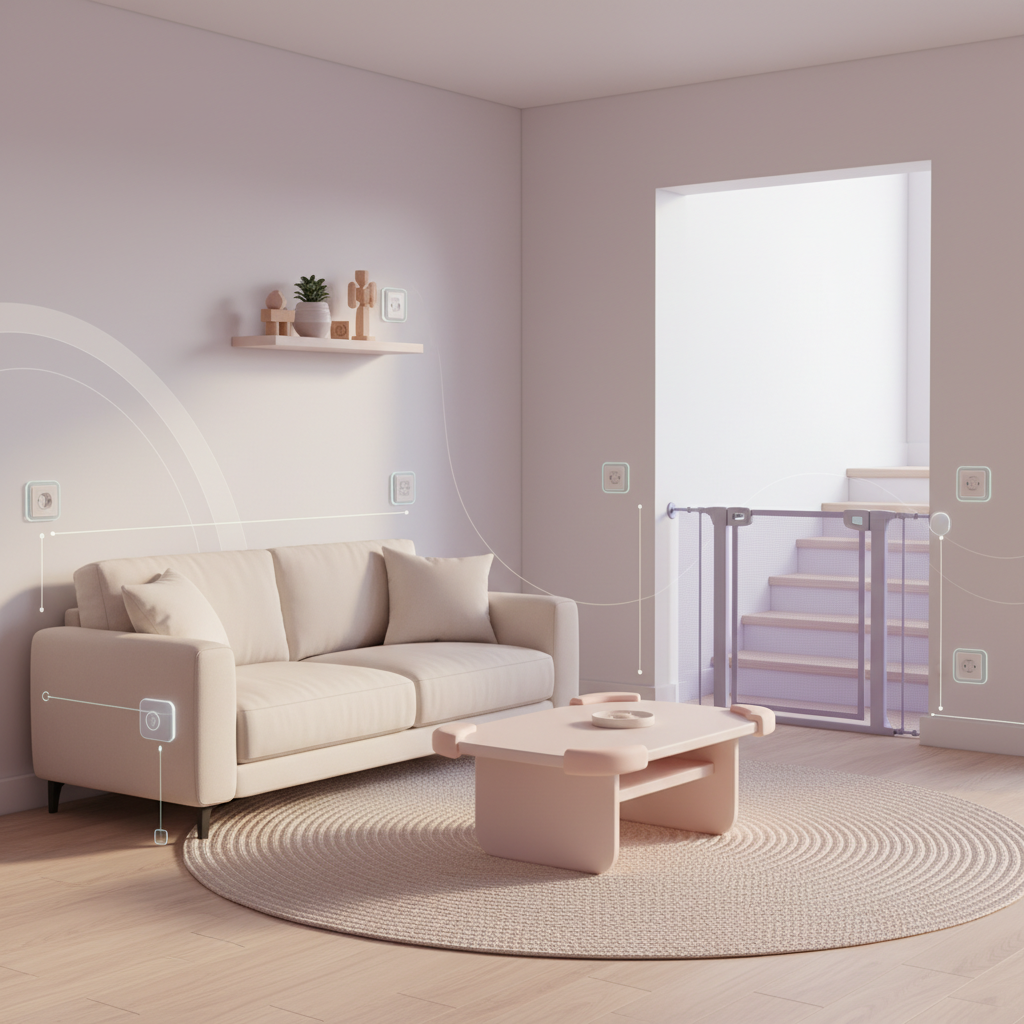 A parent holding their baby's hands, guiding them to take small steps on a soft carpet, with a warm, encouraging smile.