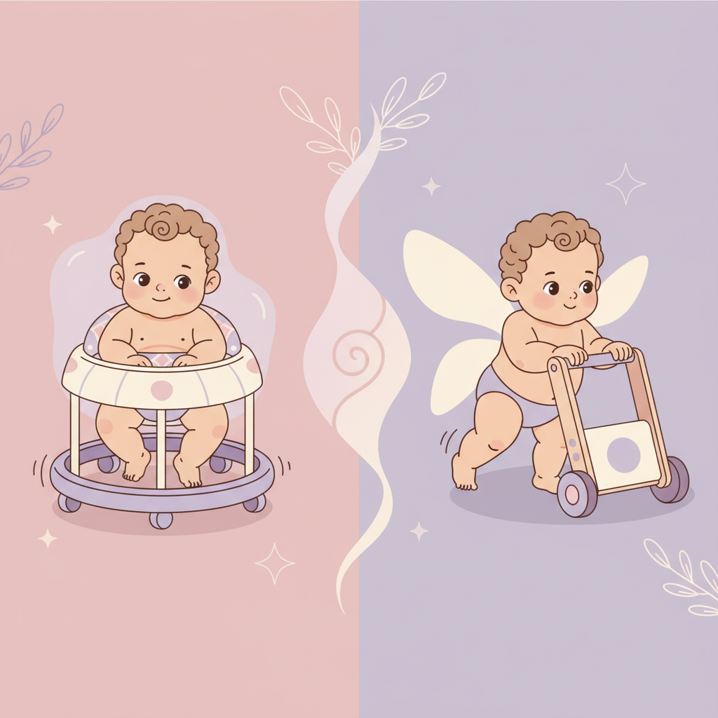 A cheerful toddler standing independently, showing slightly bowed legs, in a bright, child-friendly room.