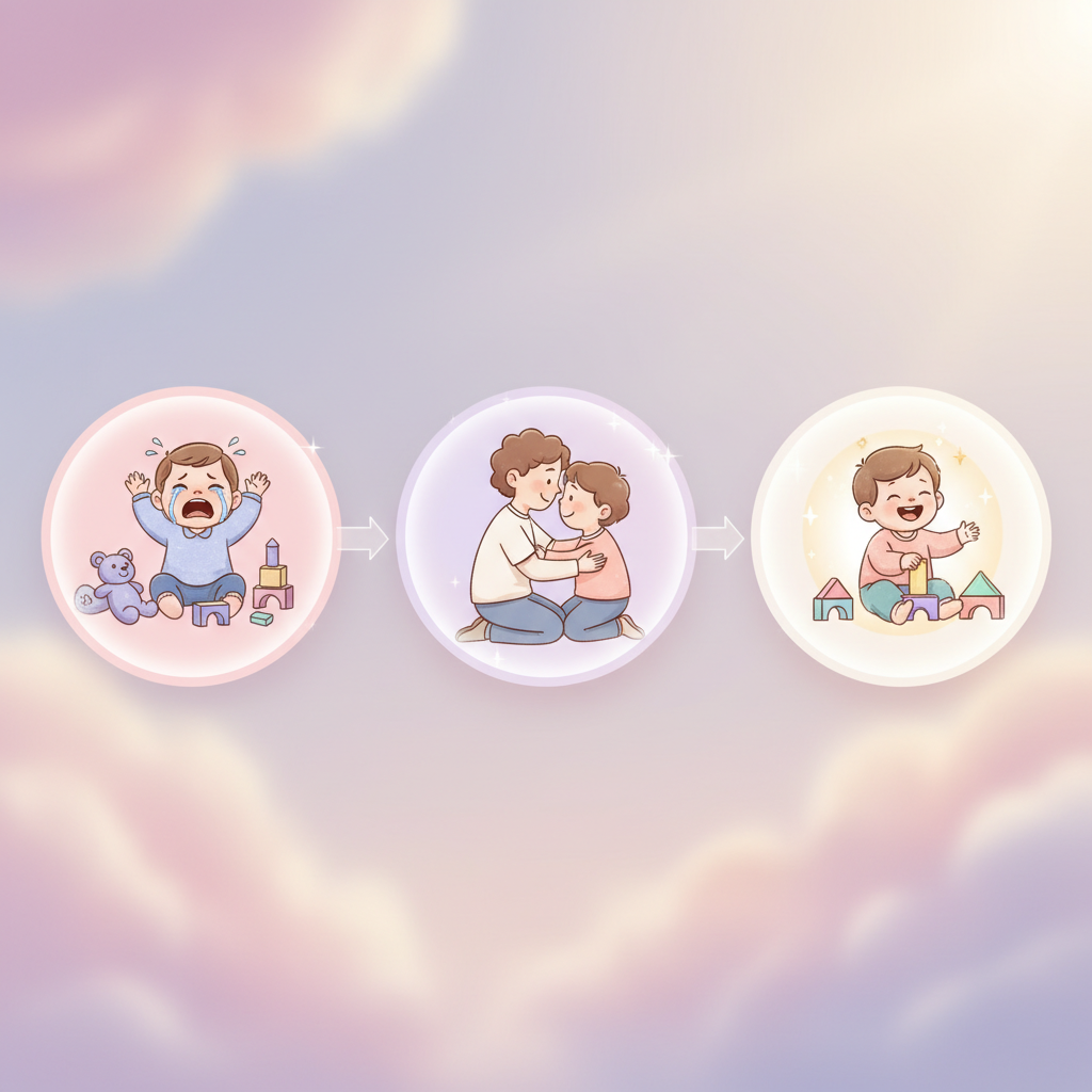 A parent calmly holding and comforting a toddler