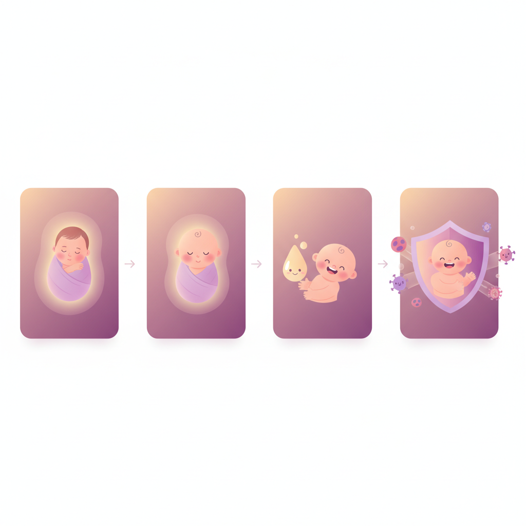 A baby smiling after vaccination, with a doctor gently checking