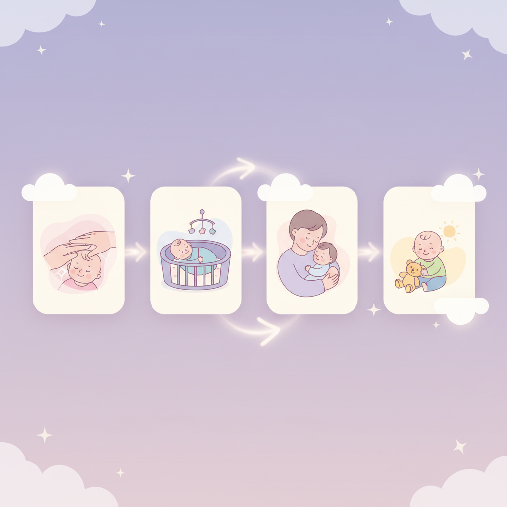 A parent gently holding a baby's forehead to check for fever before a doctor's visit