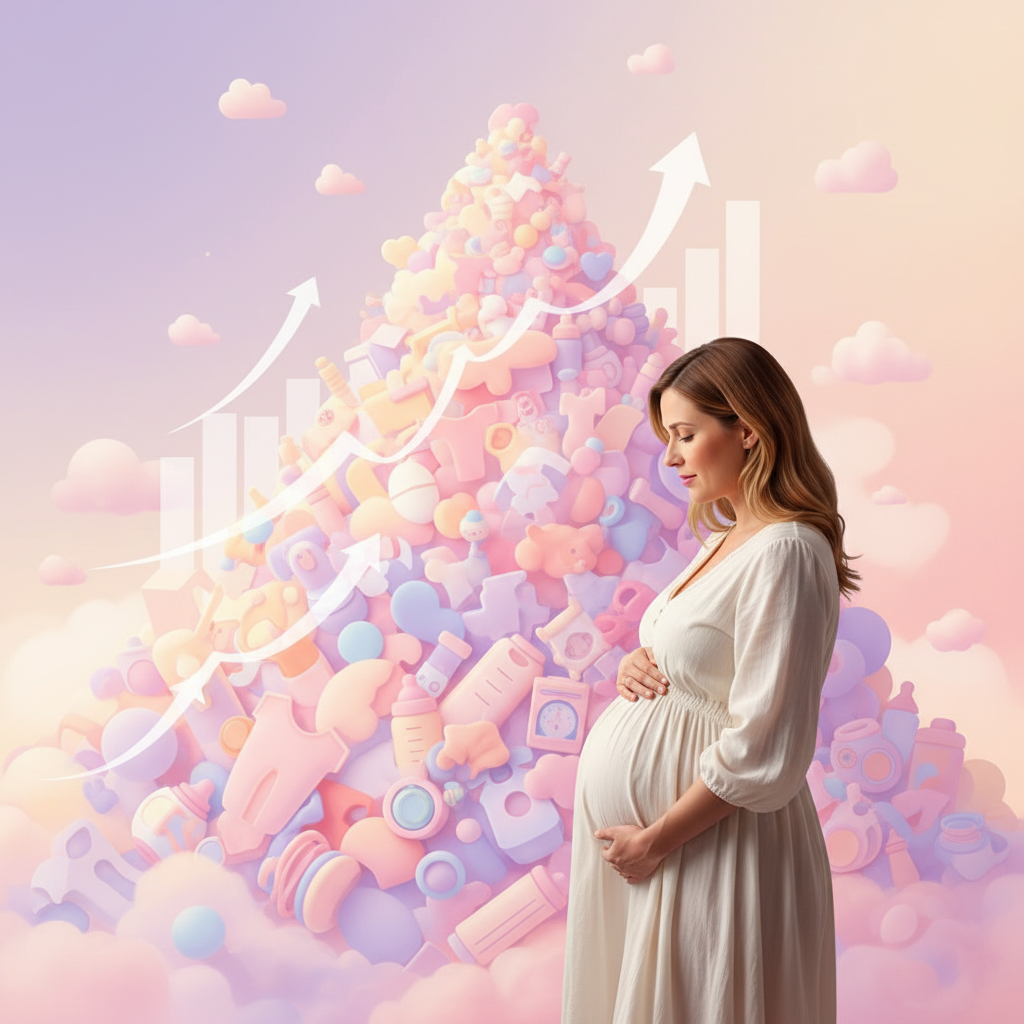 A bewildered pregnant woman looking at a mountain of baby products