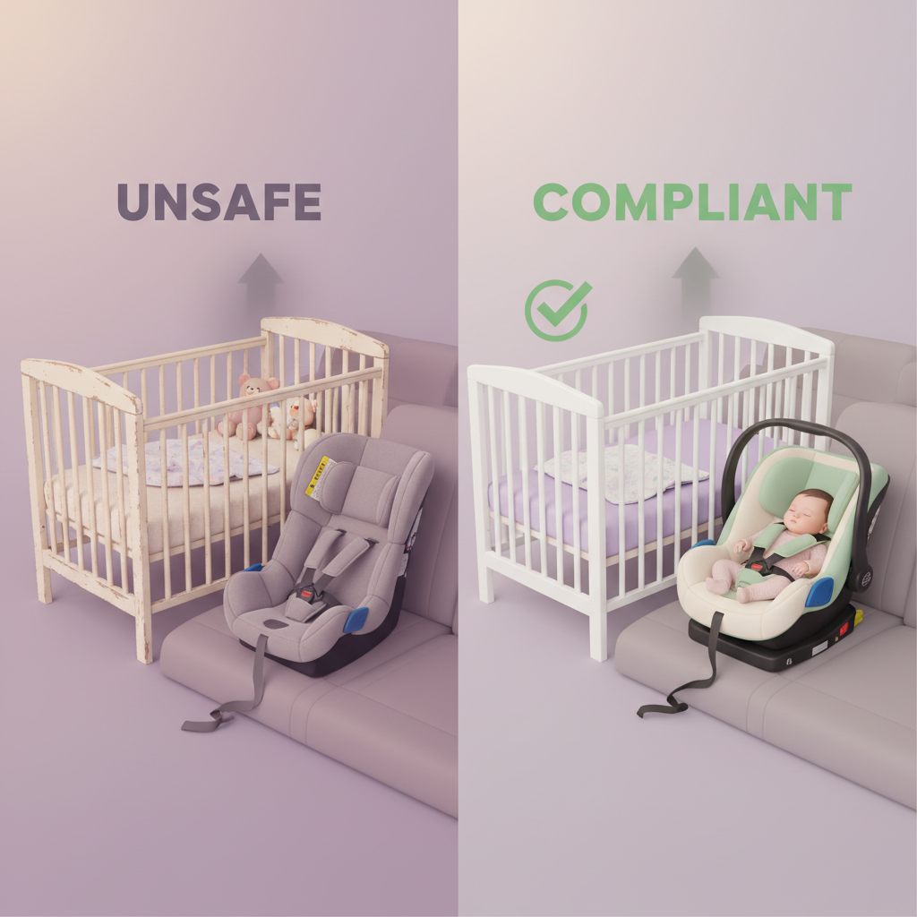 A baby sleeping safely in a crib with a parent checking on them