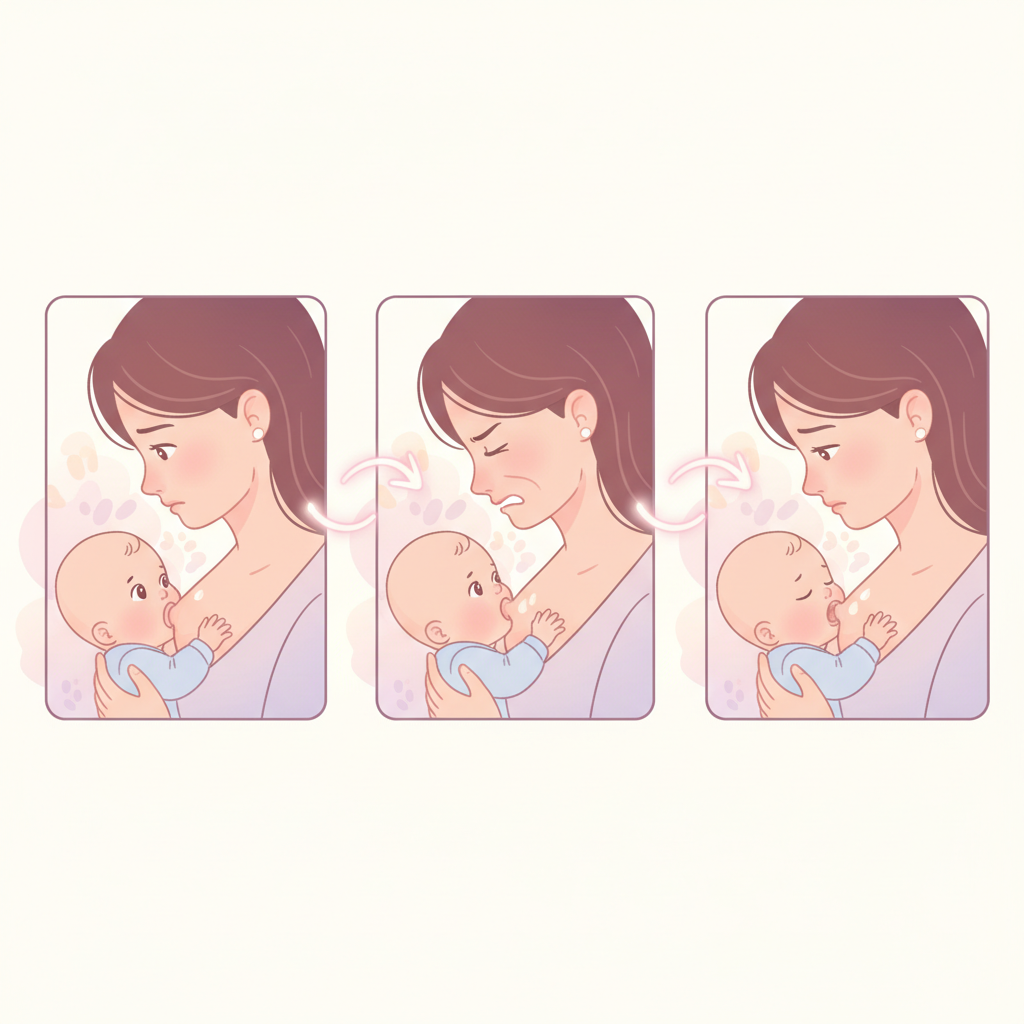 A new mother looking tired but determined while breastfeeding her newborn baby in a comfortable chair.