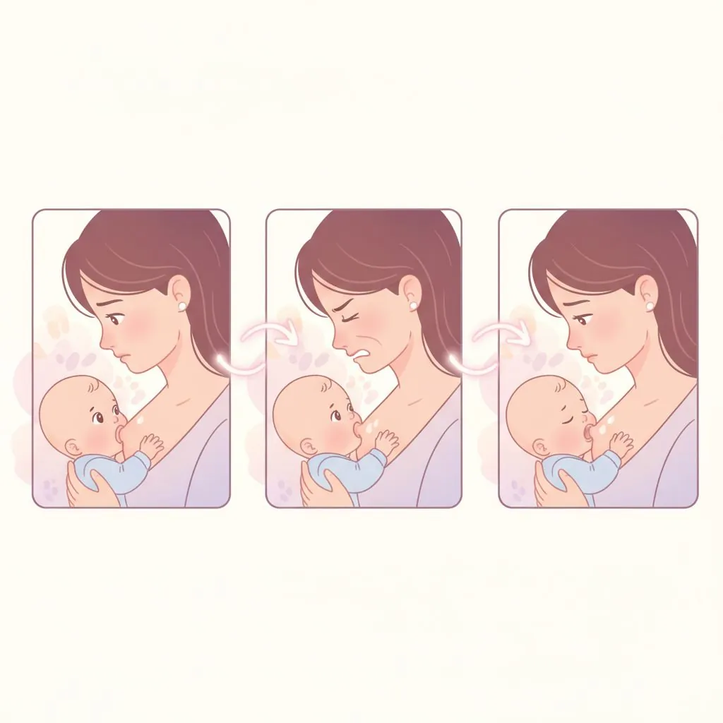 A new mother looking tired but determined while breastfeeding her newborn baby in a comfortable chair.