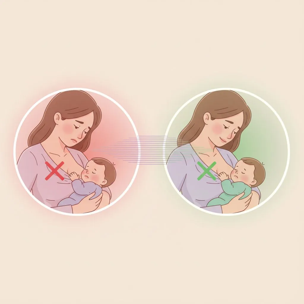 A mother demonstrating the cradle hold breastfeeding position with a calm baby.
