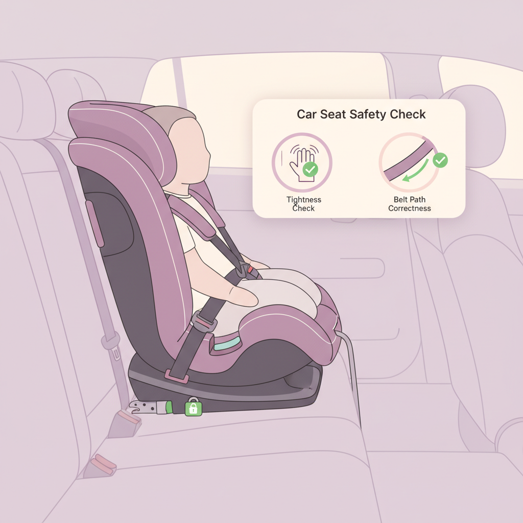 a close-up of a car seat's safety harness correctly fastened on a dummy