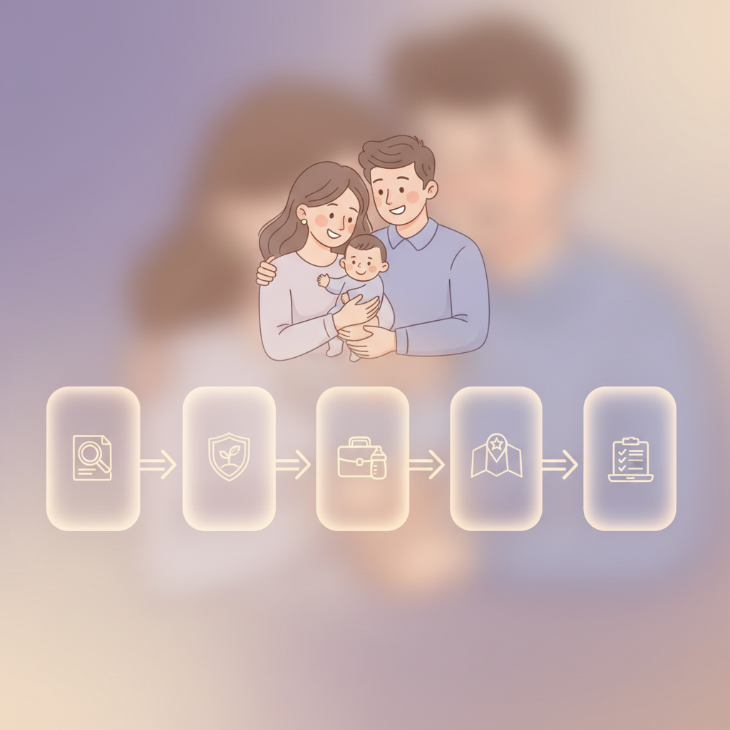 A young couple smiling while looking at their baby, with financial documents and a calendar in the background, symbolizing family planning and government support.