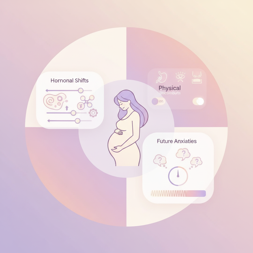 A pregnant woman looking thoughtful or slightly overwhelmed, sitting on a sofa