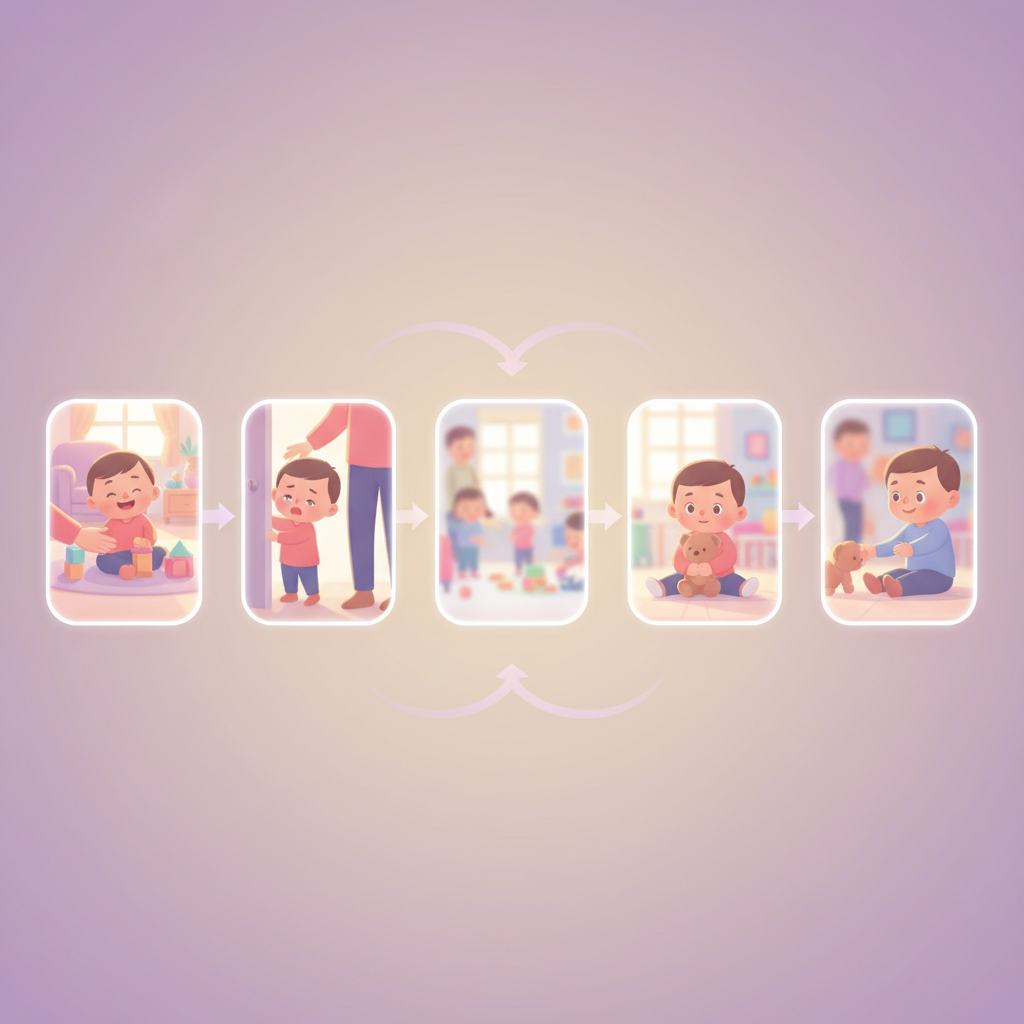 A baby clinging to a parent's leg, looking sad as the parent points towards an unseen daycare entrance