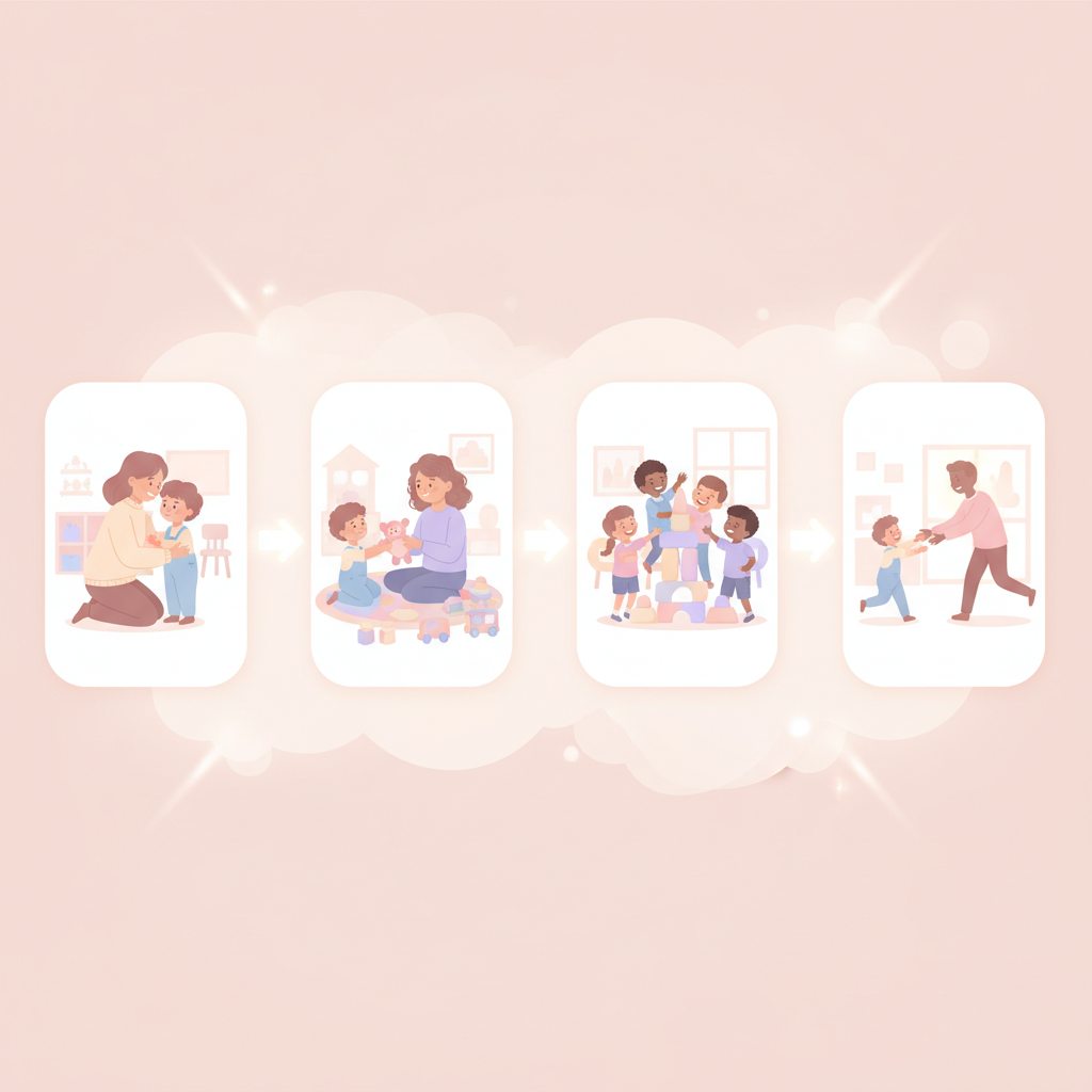 A parent kneeling, comforting a crying toddler who is looking anxiously towards a daycare building