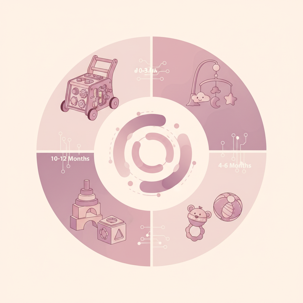 a baby reaching for a colorful stacking toy, showing fine motor skill development