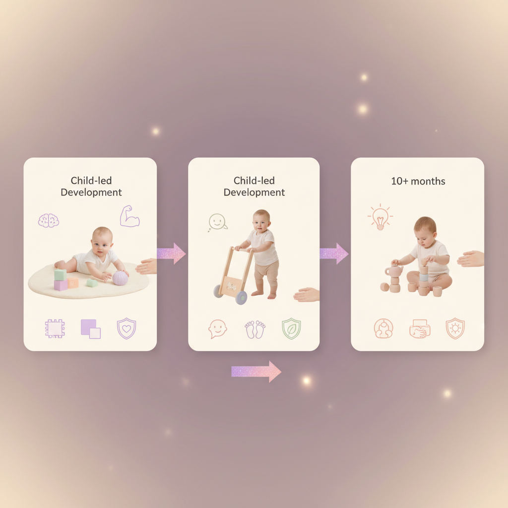 a parent happily watching their baby play with an age-appropriate toy, representing shared experiences