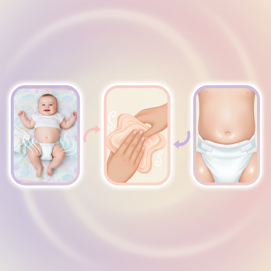 A parent gently applying a thin layer of diaper rash cream to a baby's clean, slightly red bottom, emphasizing gentle care.