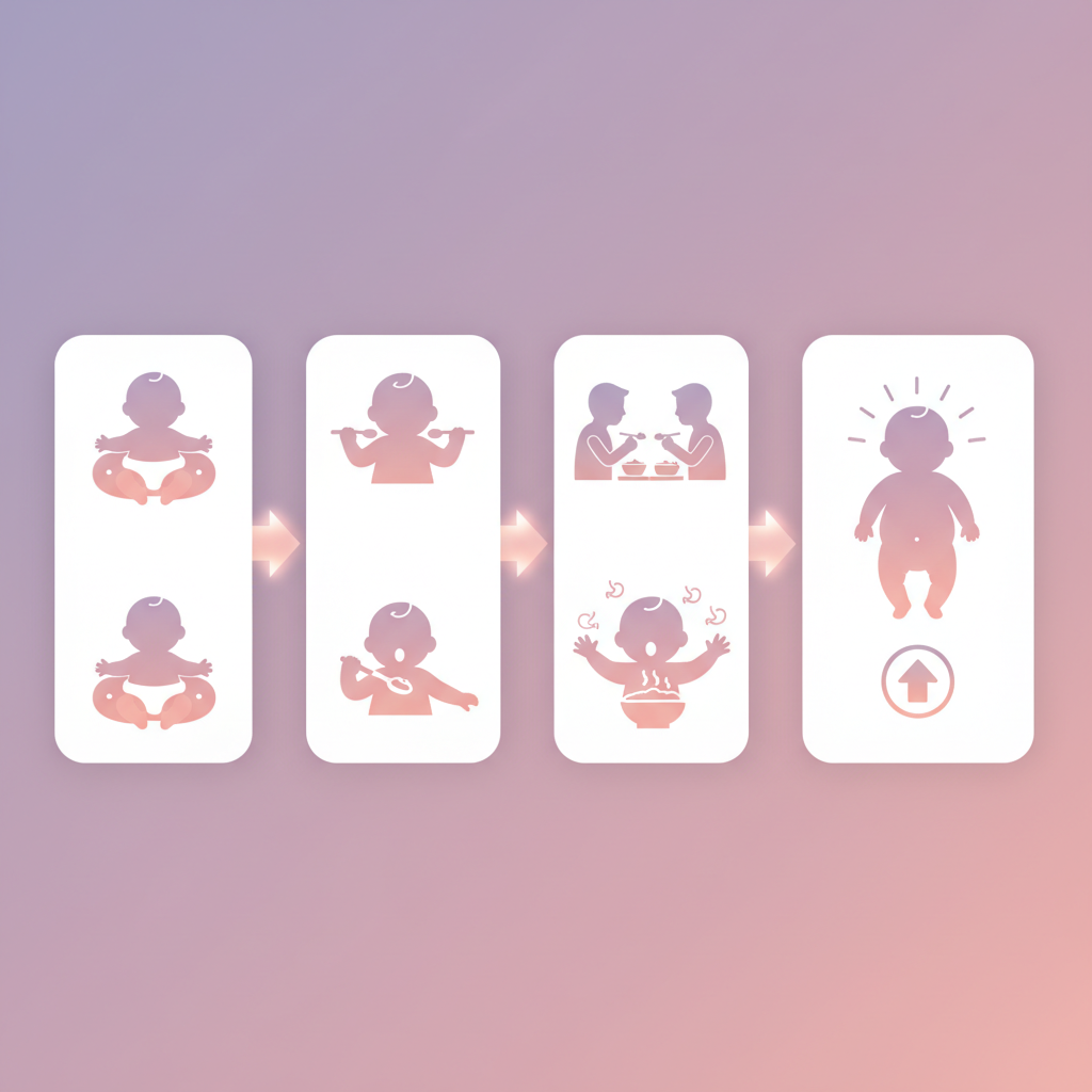 a happy baby sitting in a high chair, looking at a bowl of pureed food with curiosity