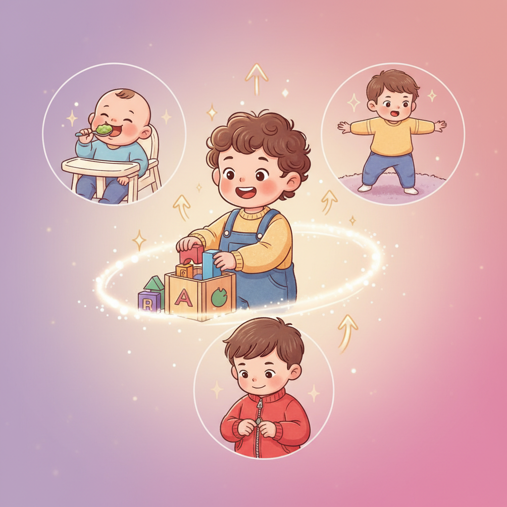 A child proudly holding up a toy they chose, with a parent gently guiding them at a toy store