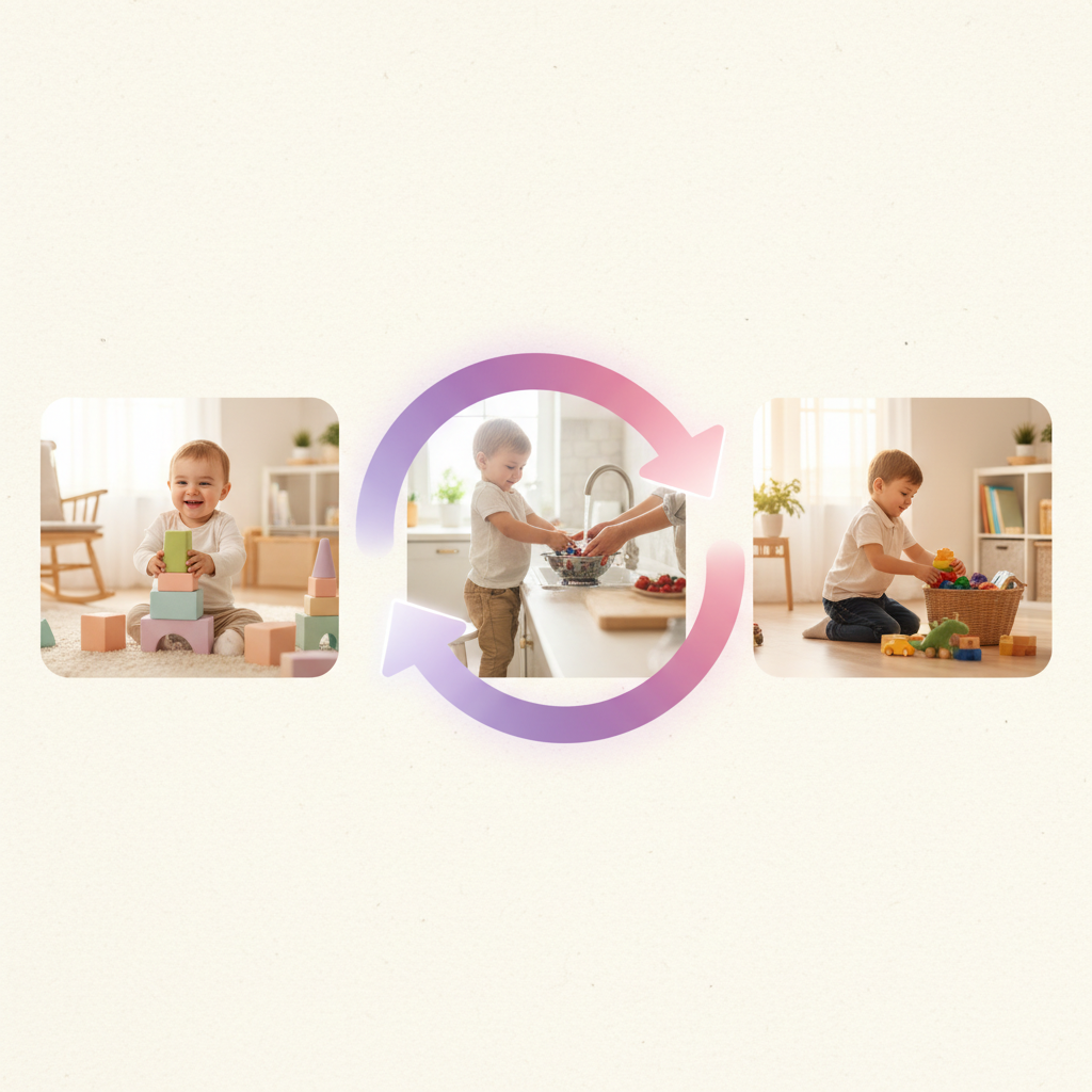 A toddler happily putting their toys into a designated basket, demonstrating self-sufficiency