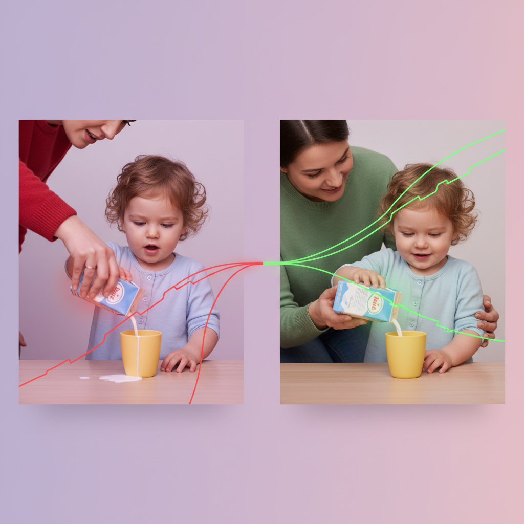 A parent gently intervening to prevent a child from a minor safety hazard, demonstrating balanced guidance