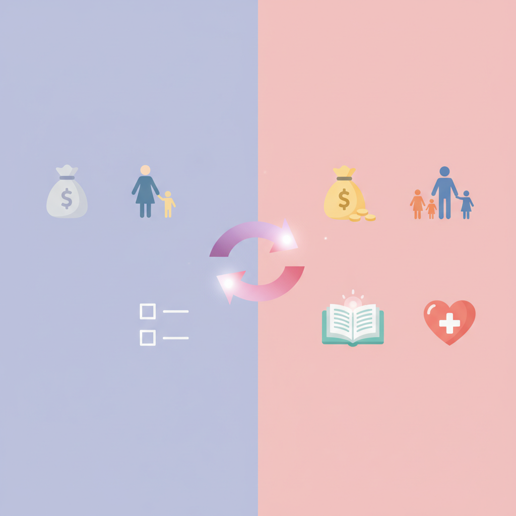 A calendar with the year 2026 highlighted, surrounded by various icons representing financial support and baby care items.