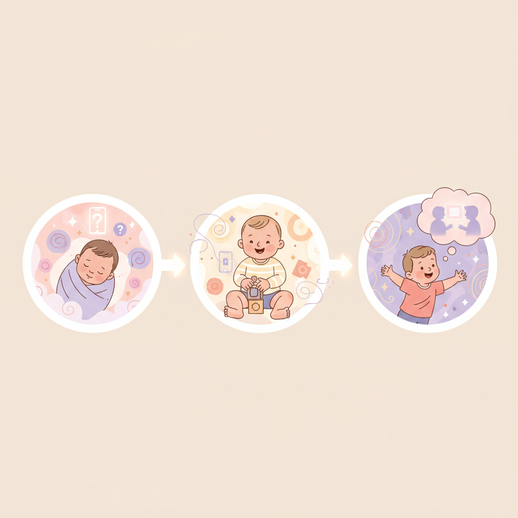 A tired mother holding a crying baby while looking at her smartphone, illustrating the common dilemma parents face with screen time.