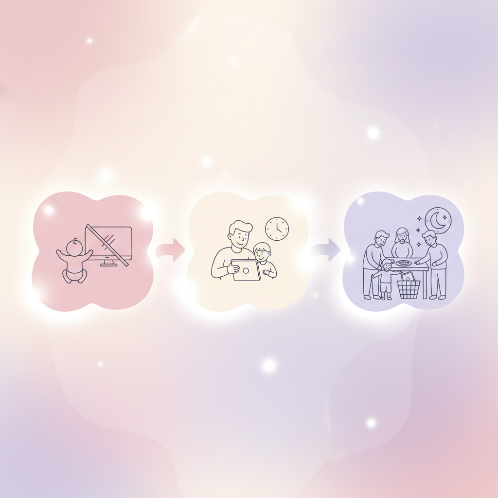 A split image showing two scenarios: on one side, a child engaging with an educational tablet app; on the other, a child passively staring at a TV screen, depicting the dual nature of media exposure.