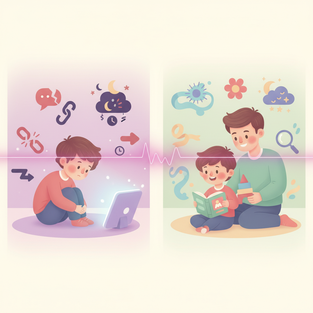 A family sitting together on a couch, with a parent and child actively engaged in conversation while watching a child-friendly educational program on TV.