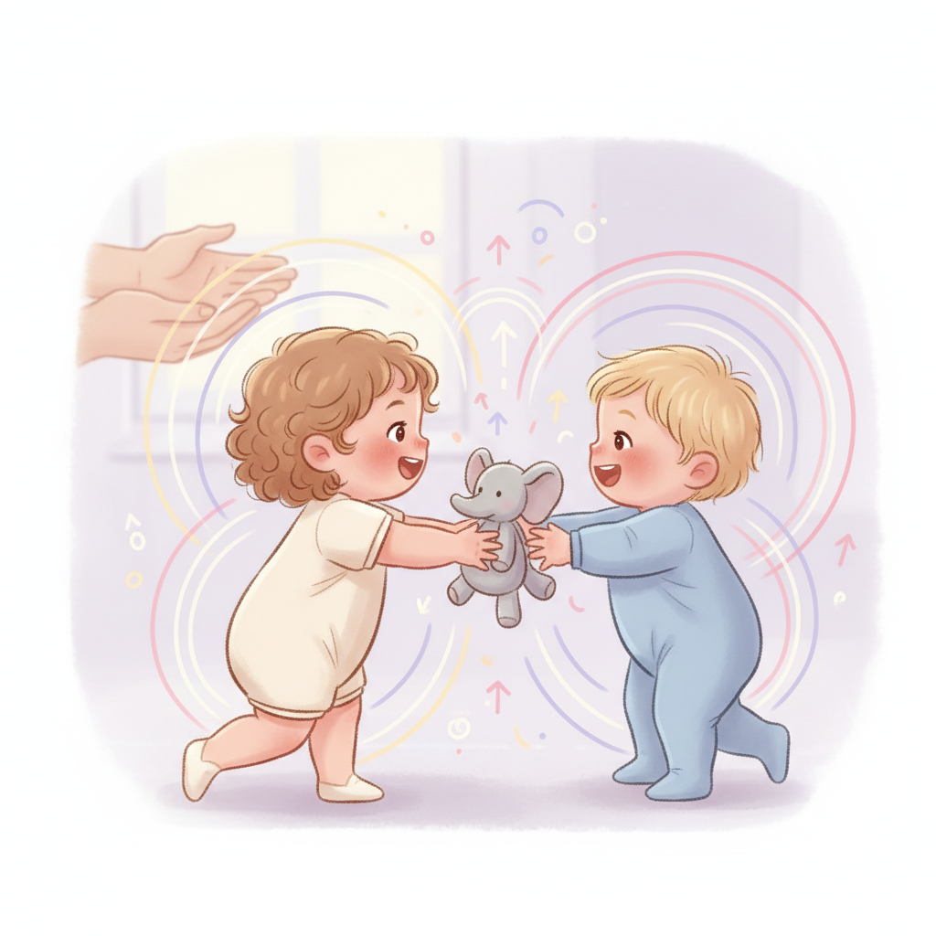 A baby smiling and reaching out to another baby, with parents gently supervising in a soft, bright playroom.