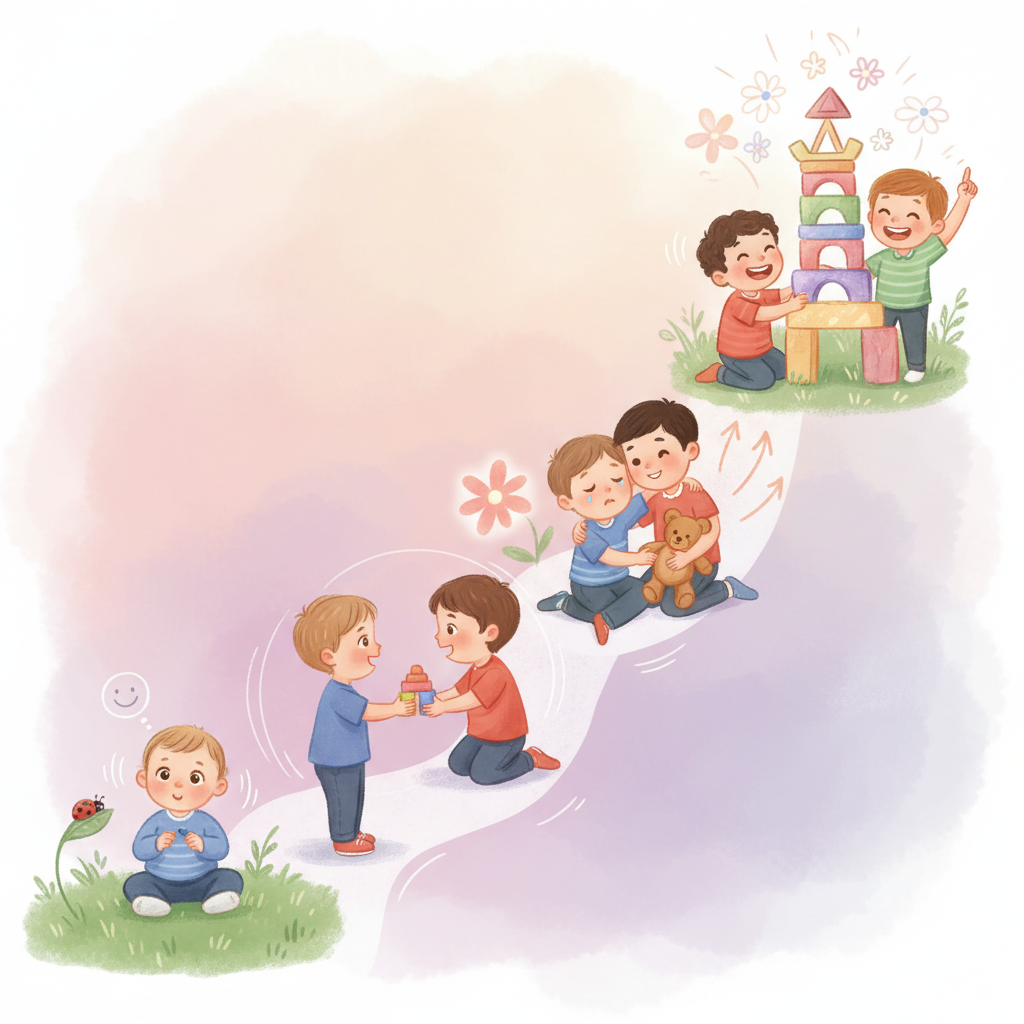 A simple infographic showing different ages (0-6 months, 7-12 months, 1-2 years, 2-3 years) with small icons representing social milestones.