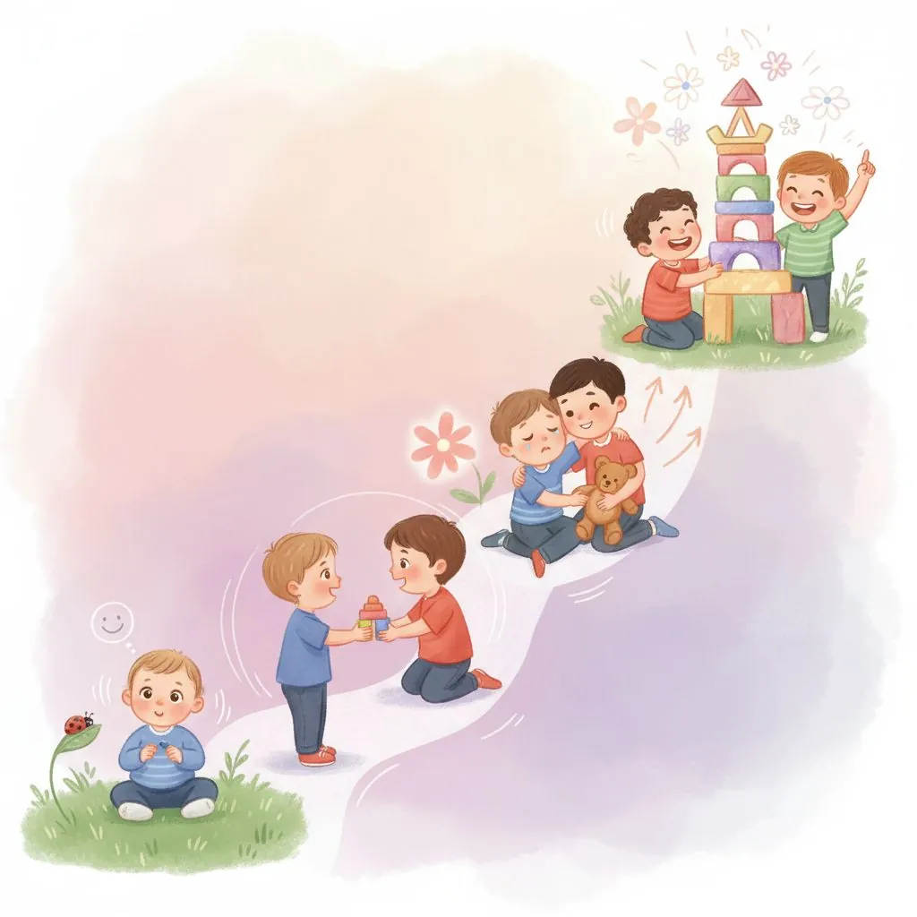 A simple infographic showing different ages (0-6 months, 7-12 months, 1-2 years, 2-3 years) with small icons representing social milestones.