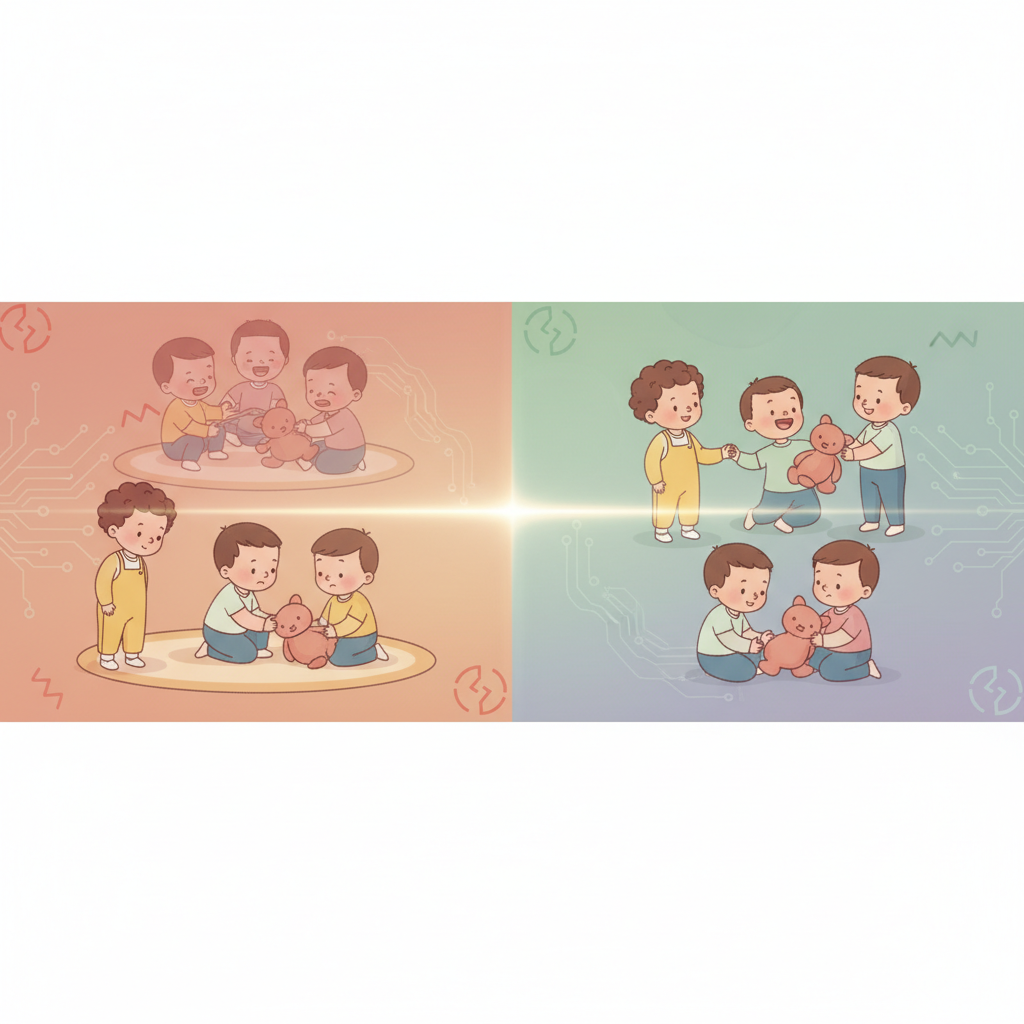 A parent gently guiding a toddler away from a dangerous object, emphasizing safety in a group setting.