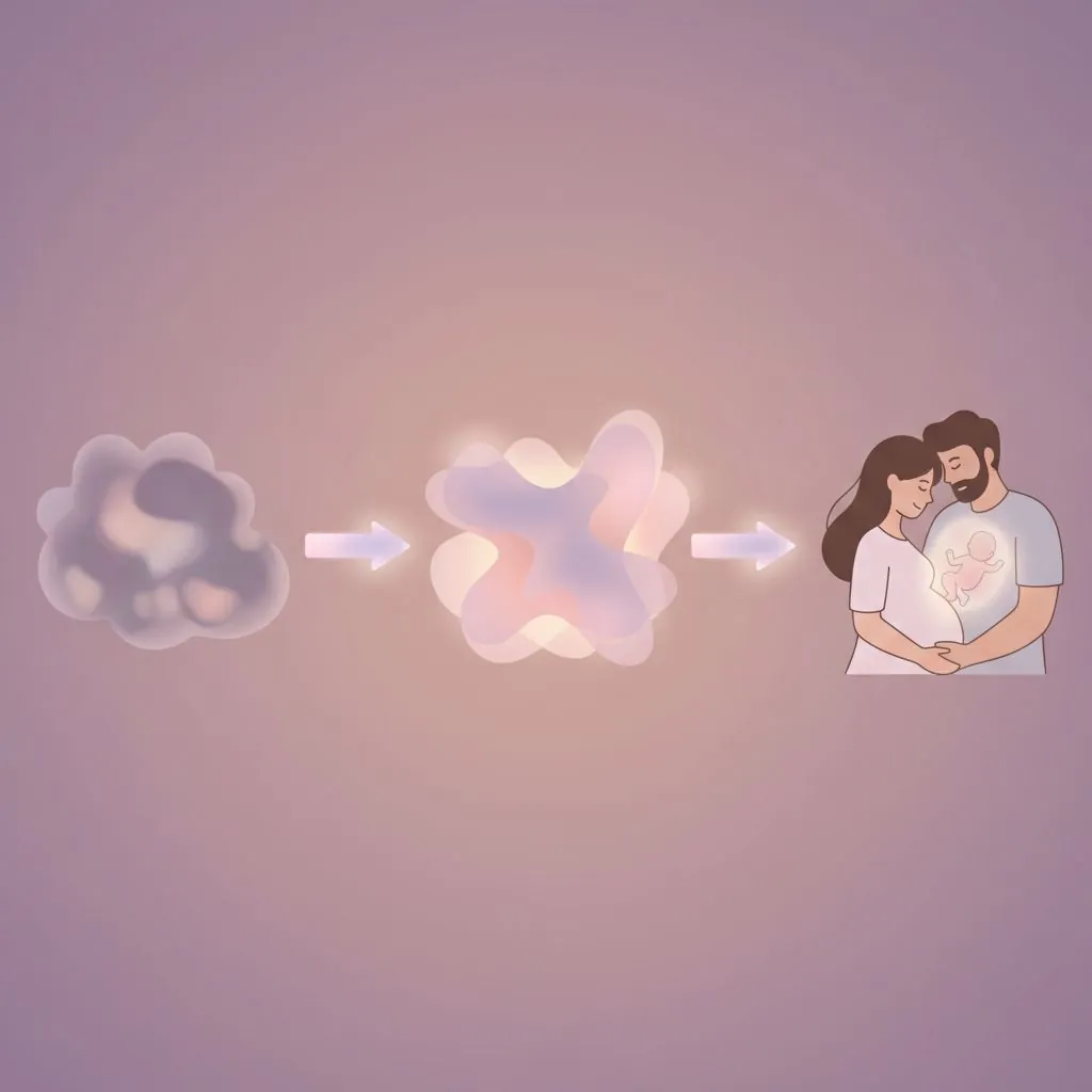 A pregnant woman looking thoughtful and slightly anxious about labor, with a loving partner gently holding her hand in a warm, supportive setting.