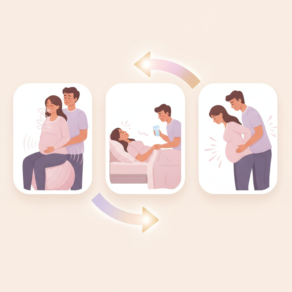 A couple in a labor room, the partner is gently massaging the pregnant woman's back while she focuses on her breathing, showing supportive care during labor.
