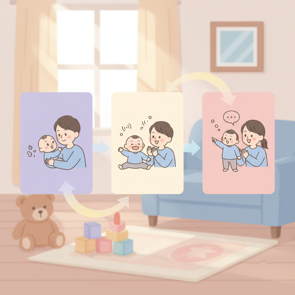 A thoughtful parent observing a baby babbling, with a gentle and supportive expression.