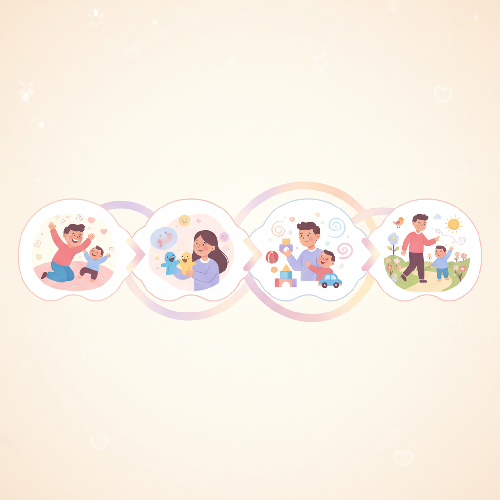 A parent reading a colorful book to a baby, both smiling and engaged in the activity.