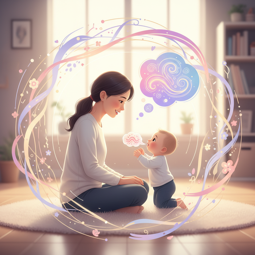 A diverse group of toddlers happily interacting and babbling in a bright, playful environment.