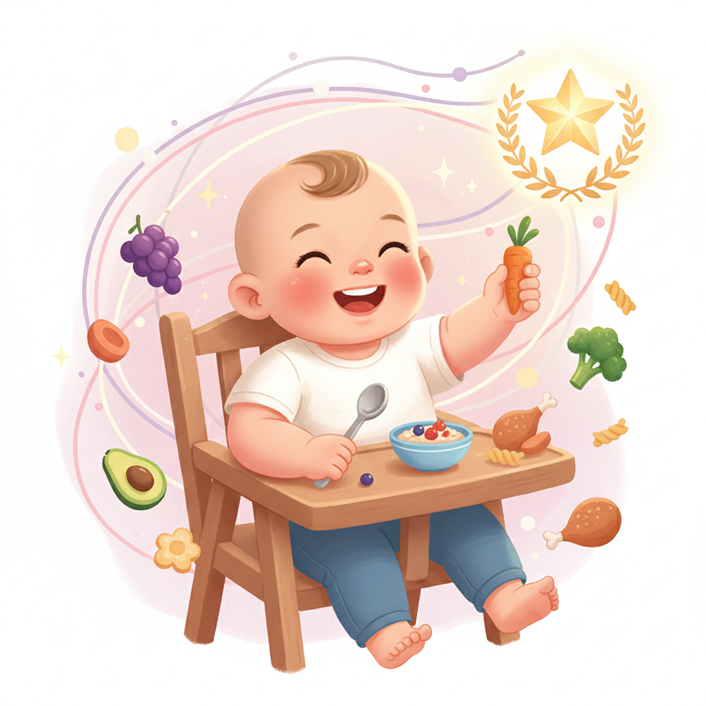 A baby happily eating a diverse late weaning meal in a high chair, surrounded by colorful vegetables and fruits.