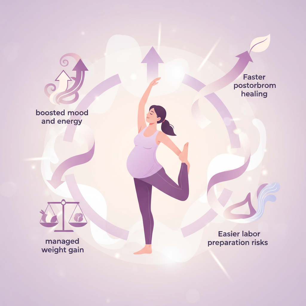 Pregnant woman smiling while stretching in a bright, modern living room