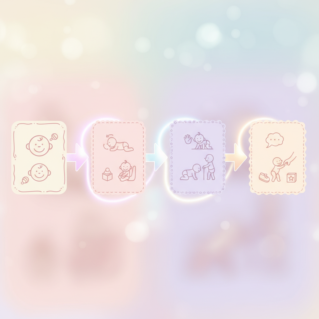 A chart depicting baby milestones across different months, with various activities like smiling, sitting, crawling, and walking illustrated