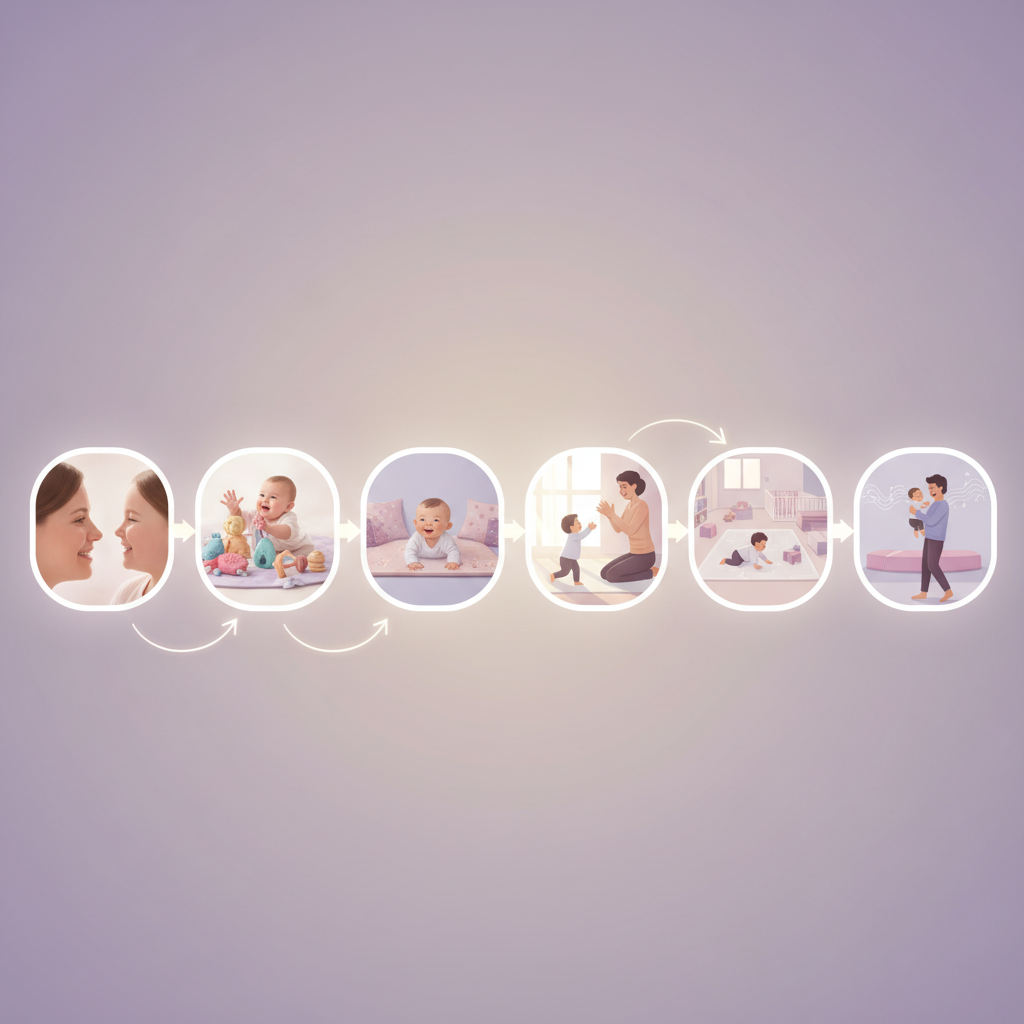 A concerned parent gently holding their baby's hand while looking at a developmental chart, suggesting a moment of reflection or consultation