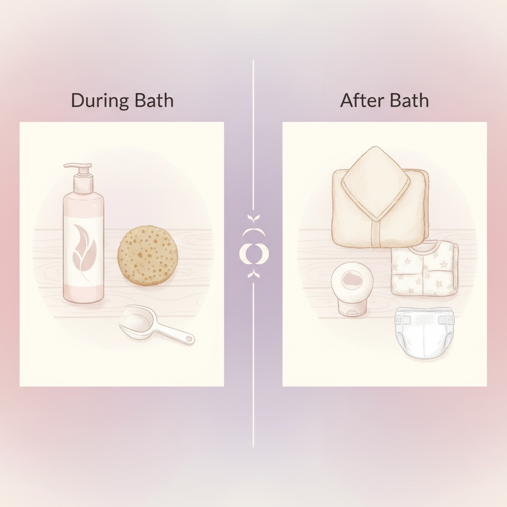 목욕용품과 아기 수건이 가지런히 놓여있는 모습