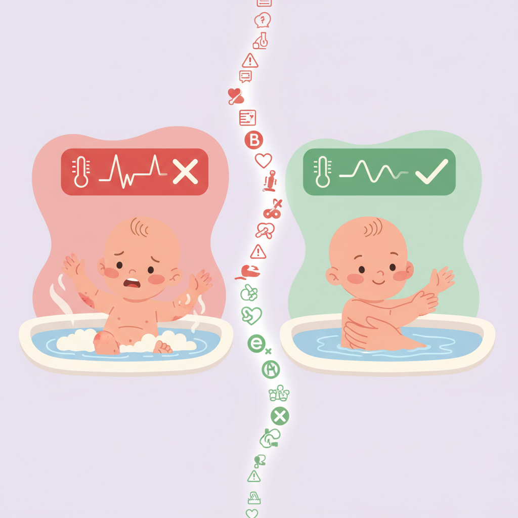 목욕 후 부드러운 타월로 아기를 감싸 안은 부모의 행복한 표정