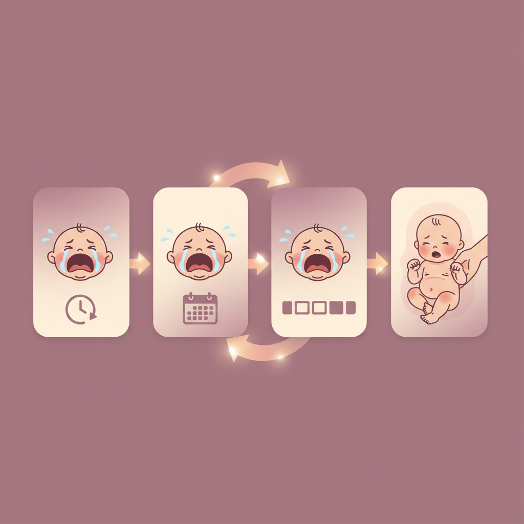 A tired parent gently rocking a crying baby in a dimly lit nursery, looking worried.