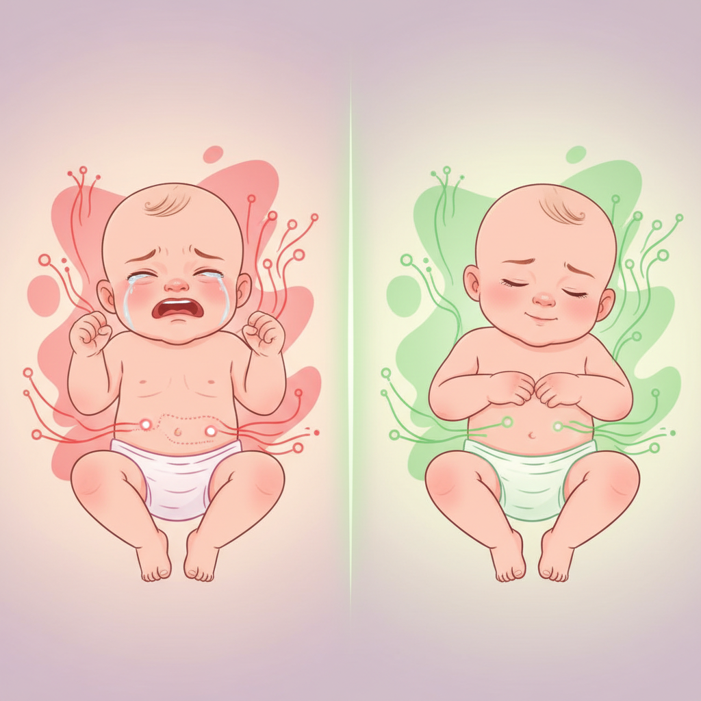 A baby lying on its back, gently kicking legs and moving arms, with a slightly distended belly.