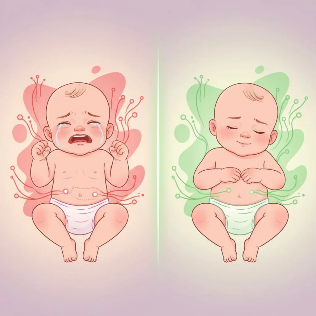 A baby lying on its back, gently kicking legs and moving arms, with a slightly distended belly.