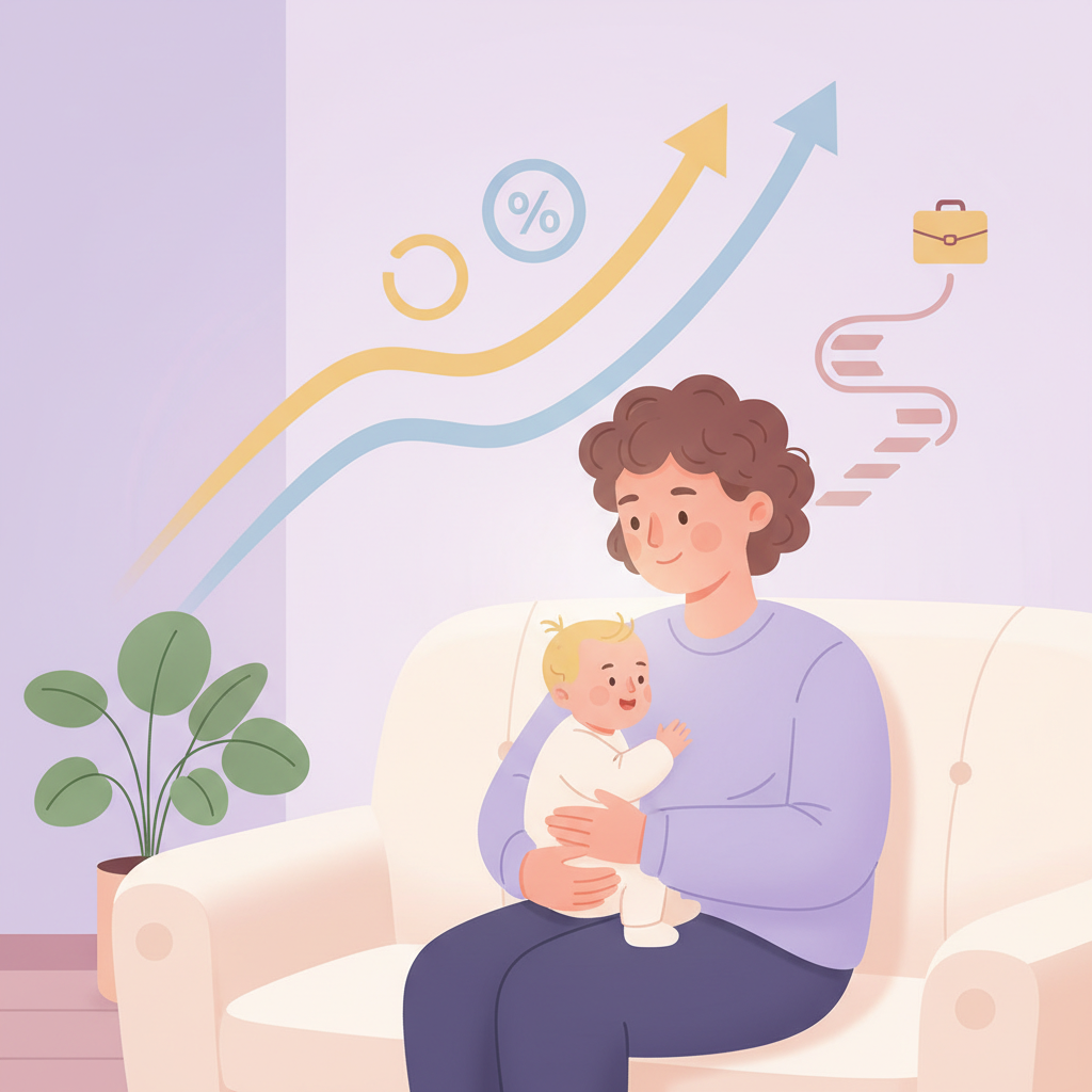 A parent gently cradling a baby with a laptop open in the background, symbolizing parental leave and financial planning
