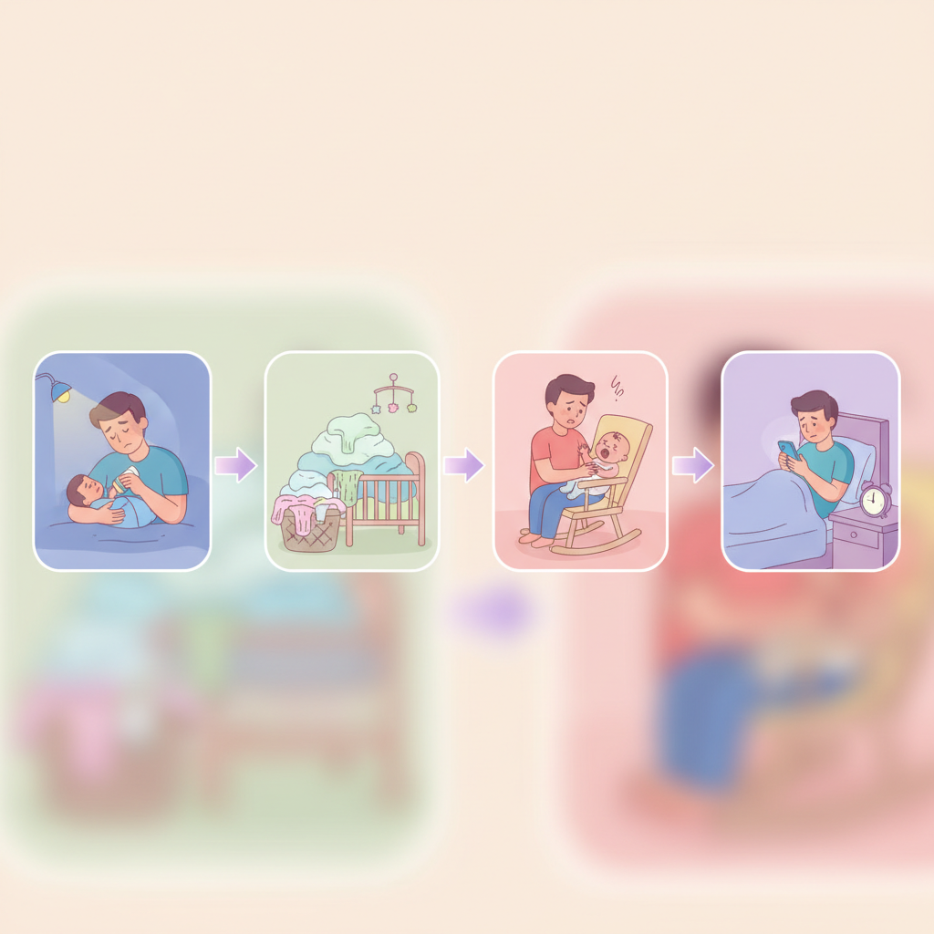 A tired parent looking at a crying baby, surrounded by baby items in a slightly messy room