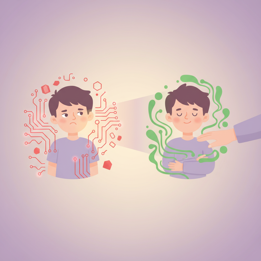 A frustrated parent kneeling beside a child who is throwing a tantrum in a toy-filled room