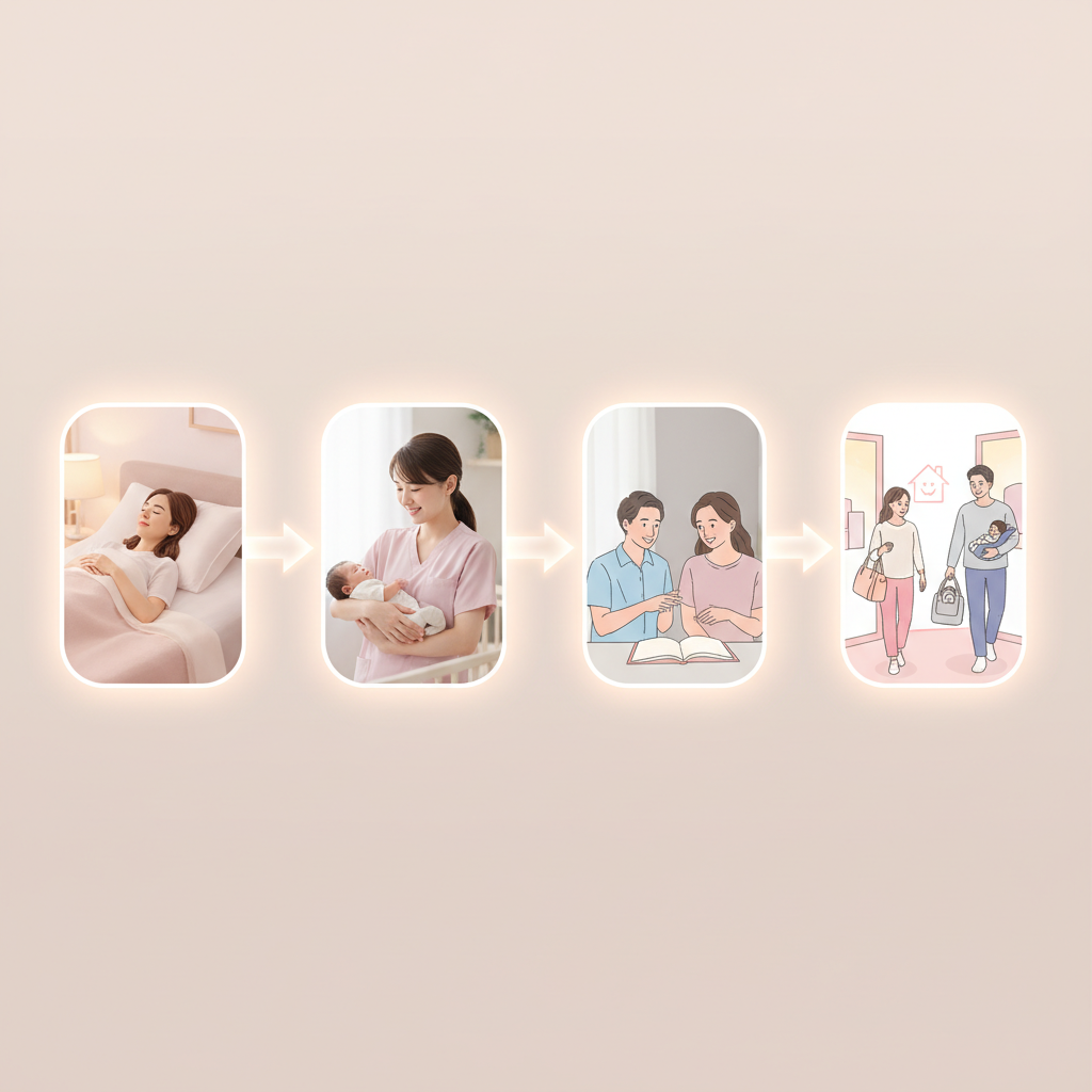 A serene mother holding a newborn baby in a bright, modern room, symbolizing postpartum recovery and care.